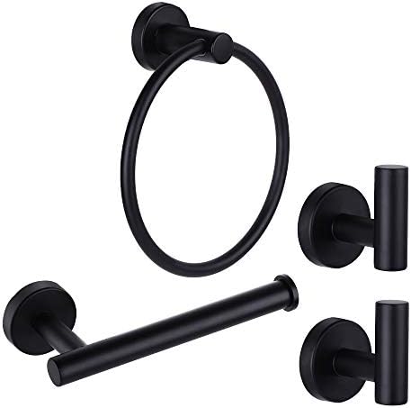 4 Piece Matte Black Stainless Steel Bathroom Hardware Set Include Hand Towel Ring, Toilet Paper Holder,and 2 Robe Towel Hooks,Bathroom Accessories Kit by Ntipox