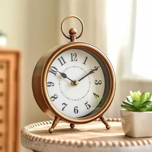 EMAX HOME Vintage Small Table Clock on Stand, Decorative Desk and Shelf Clock Farmhouse Mantel Non-Ticking Clock Rustic Metal Frame with Antique Gold Finish 9.3 Inch by EMAXHOME