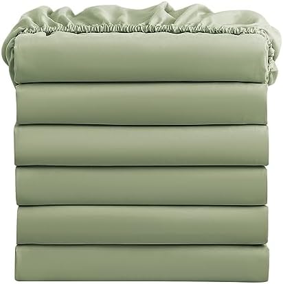 FreshCulture Twin Fitted Sheets, Bulk Pack of 6, Deep Pocket, Soft Microfiber Bottom Sheets for Home, Salons, Hotels, Twin Size Fitted Sheets Only (Sage Green) by FreshCulture