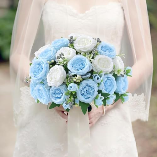 8 Packs Peonies Artificial Flowers Mixed White Blue Silk Artificial Peonies - Image 5