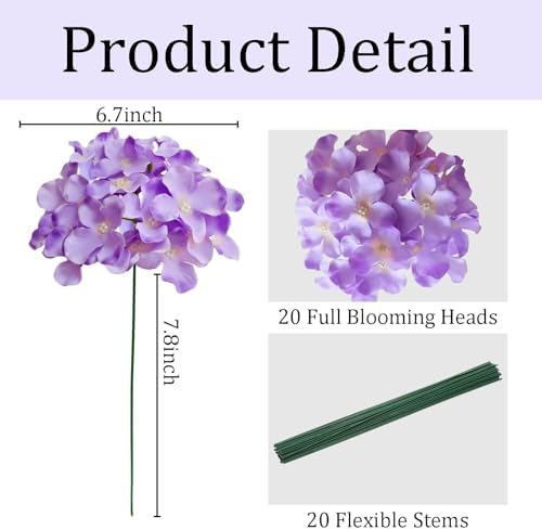 Hydrangea Artificial Flowers, 20 Pcs Purple Hydrangea Artificial Flowers Bulk, Faux Hydrangea Flowers for Outdoor, Fake Silk Hydrangea Flowers with Stems for Wedding Decoration Decor - Image 3