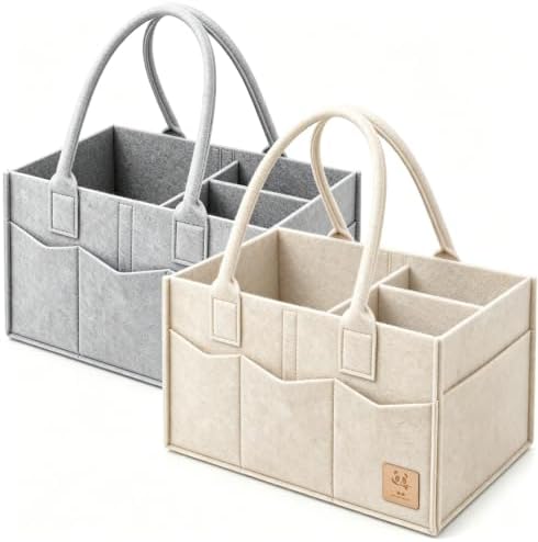 HIPHOP PANDA 2-Pack Diaper Caddy Organizer - Nursery Storage Bin & Car Organizer for Diapers, Wipes, and Baby Essentials - Dual-Color Solid Set (Grey/Oatmeal), Large Size by HIPHOPPANDA