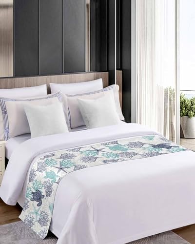 Teal Blue Coastal Bed Runner for King Size Bed, Bedspread Protector Slipcover Bed Scarf for Foot Bed Runners & Scarves for Bedroom Hotel Wedding Room 102x20 Sea Turtle Nautical Coral Summer Beach - Image 4
