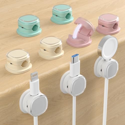 Magnetic Cable Clips, Adjustable Cord Holder Management, Adhesive Wire Keeper Organizer for Home Office Desk Phone PC Car Wall Desktop Nightstand Appliance (9-PCS White_Purple_Cyan_Apricot) by COOCAT