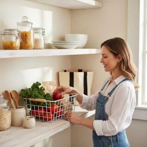 Kitchen Wire Baskets Farmhouse Decor Metal Food Storage Organizer,Household Refrigerator Bin with Built-in Handles for Cabinets, Pantry, Bathroom,2 Packs(white) - Image 3