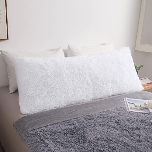 MEGO Luxury Fluffy Faux Fur Body Pillow Cover 20x54 with Zipper, White by MEGO