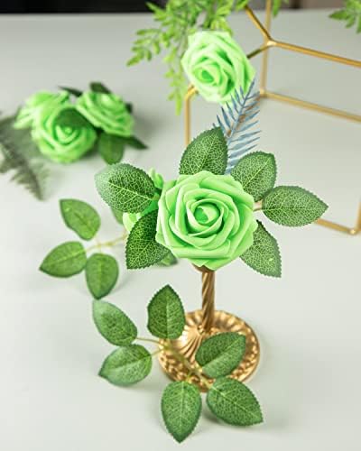 DuHouse 25Pcs Artificial Flowers Foam Roses with Stems(Light Green) - Image 5