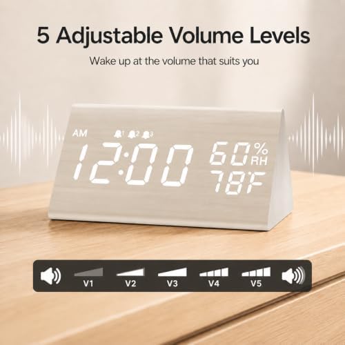 JALL Wooden Digital Alarm Clock for Bedrooms and Office, 3 Alarms with Big Digits, Humidity and Temperature Display, 6-Level Dimmer, Snooze, Loud Desk Clock for Heavy Sleepers, Plug in (White) - Image 5