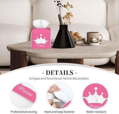 Leather Tissue Box Holder Pink Princess Crown Tissue Box Cover Square Waterproof Tissue Holder Organizer Modern Napkin Holder for Bedroom Dresser Night Stand Office Desk - Image 4