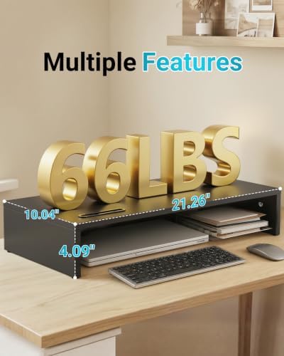 1home Ergonomic Monitor Stand Riser, 21.3 Inch Wood Desktop Stand with Cellphone Holder and Cable Management, Black - Image 2