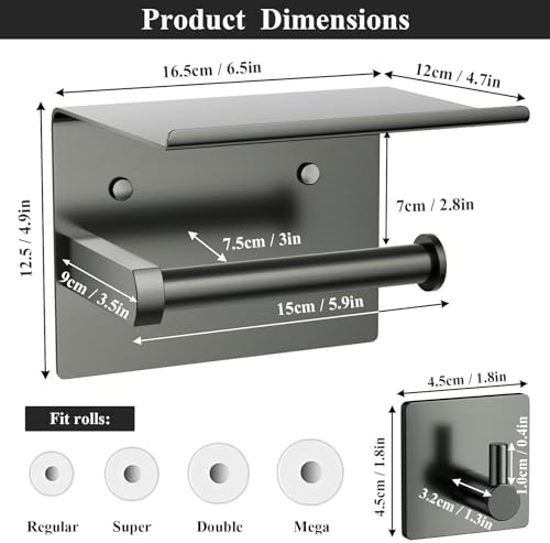 Tindbea Mega Size Toilet Paper Holder with Shelf + Towel Robe Hooks, Adhesive or Screw Wall Mounted Toilet Paper Roll Holder, Stainless Steel Bathroom Hardware Set (Polished Grey) - Image 3