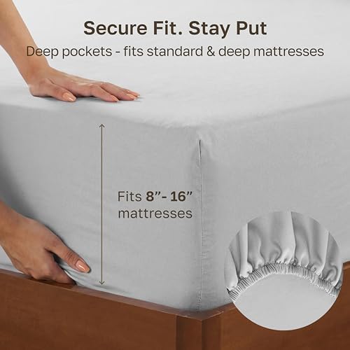 California Design Den 100% Cotton Sateen Full Size Fitted Sheet, Grey Light - Image 4