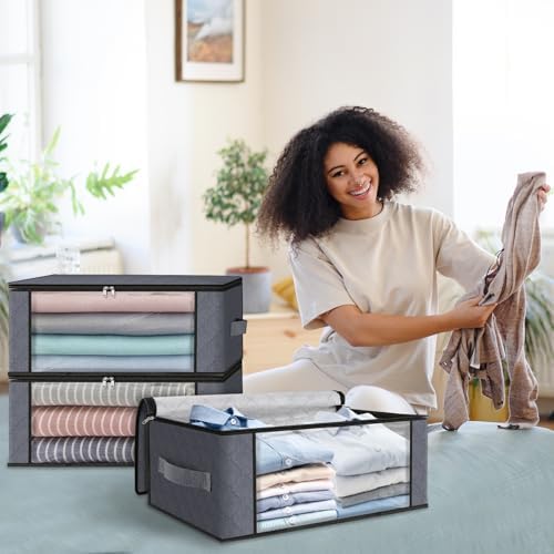 HomeHacks 6-Pack Clothes Organizer Storage Bags Foldable Storage Box with Large Clear Window Sturdy Handles for Closet, Dorm, Pillows, Bedding, Clothes, Stuffed Toys, Blankets, 35L, Grey - Image 6