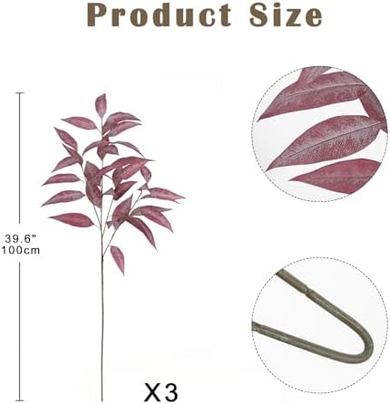 Briful Faux Fall Stems Realistic Eucalyptus Stems Fall Decorations, Set of 3 Burgundy Artificial Branches with Long Stem for Home Decor Indoor Autumn Thanksgiving Party Wedding, Outdoor Planter - Image 2