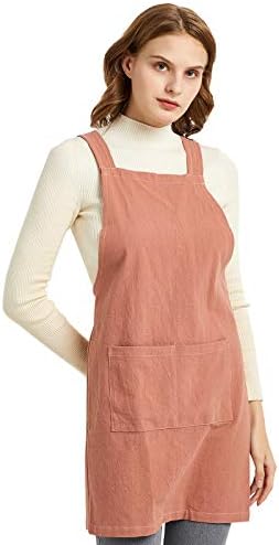 ELEZAY Aprons for Women with Pockets Plus Size Comfort Cross Back No Tie Cotton Linen Apron Pinafore by ELEZAY