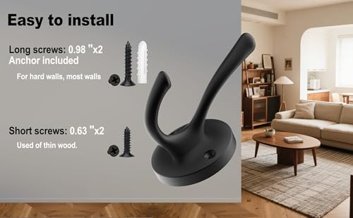 TOFIIGREM Matte Black Wall Hooks, 4 Pack Heavy Duty Coat Towel Hook Metal Double Backpack Hook Wall Mounted, Bath Towel Hooks for Entryway Cubicle Bathroom Closet Garage - Image 4