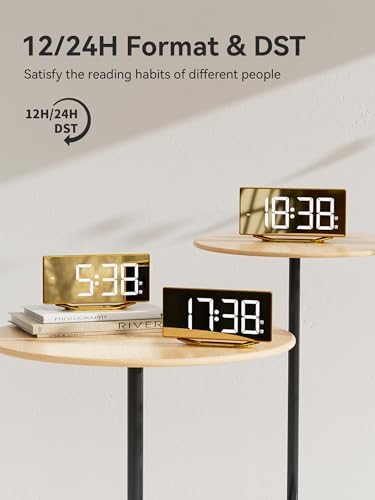 Digital Alarm Clock for Bedrooms, LED Desk Clock with Gold Mirror Finish - Image 6