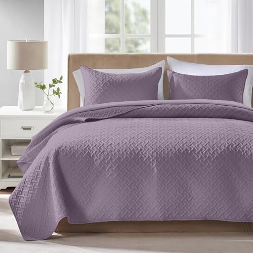 FLYMME Quilts Queen Size,Lightweight Grayish Purple Bedspreads,Basket Weave Pattern,Ultra Soft Microfiber Bed Coverlet 3 Pieces for All-Seasons (1 Quilt,2 Shams) by FLYMME