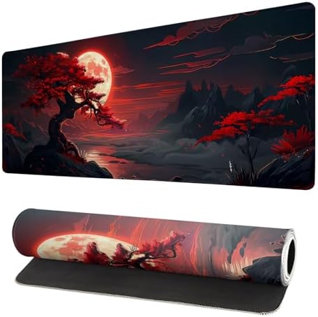 Extended Gaming Mouse Pad, Large Desk Mat XL Anime Mouse Pad Waterproof with Stitched Edges, Non-Slip Desktop Pad for Home and Office, Level Up Your 31.5x11.8 Inch (Darkness Red Moon) by Brecoy