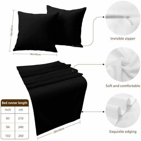 Bed Runner for Queen Size Bed, Black Decorative Beds Runners and 2 Matching Pillow Covers Set, Pure Black Beds Scarf Throw for Foot of Bedding Set for Hotel/Bedroom - Image 3