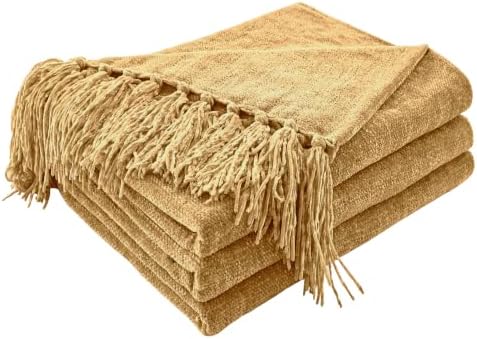 CozeCube Chenille Throw Blanket, Light Brown Fringe Blanket, 60"X80" by CozeCube