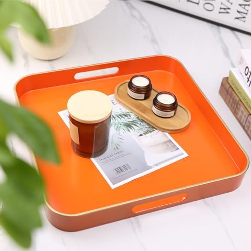 Orange Square Decorative Tray with Handles, 13"*13" Versatile Serving Tray for Coffee Table, Ottoman, Ideal for Serving, Displaying, Organizing - Image 2