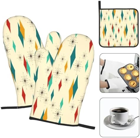Mid Century Modern Oven Mitts and Pot Holders Set Heat Resistant Non Slip Set of 3 Retro Decor Kitchen Gloves Hot Pads for Cooking BBQ Baking Grilling - Image 3