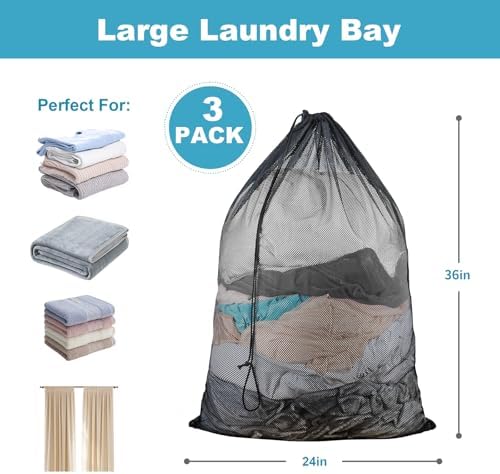 3 Pack Large Mesh Laundry Bag, 24 x 36 Inch Mesh Wash Bag with Drawstring Closure, Delicates Bag for Washing Machine - Perfect for College Dorms, Travel, Laundromats, Apartments (Black) - Image 2