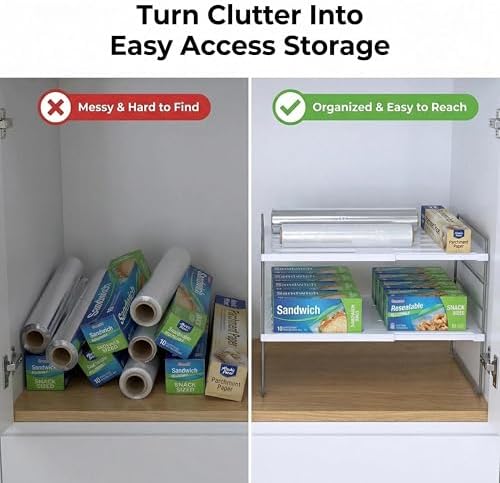 YAN & HIN 2 Pack Expandable Cabinet Organizer Shelf, 3-Tier Kitchen Cabinet Organizer for Tupperware & Food Container Storage, Adjustable Pantry Shelf Organizer for Bottles, Lids & Countertop - Image 2