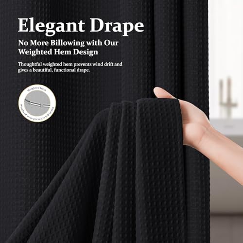 Dynamene Extra Wide Waffle Shower Curtain 256 GSM Fabric 84x72 Black - Image 4