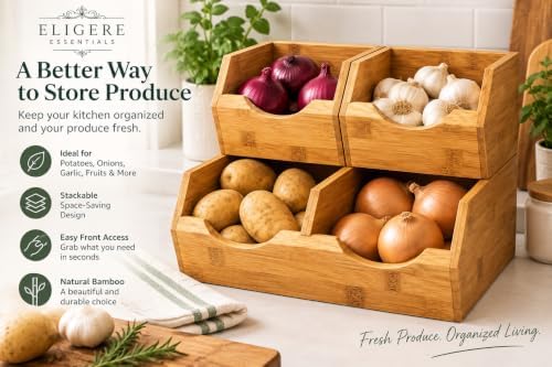 3 Piece Stackable Bamboo Pantry Storage Bins, Potato and Onion Storage, Fruit & Vegetable Container Baskets for Kitchen Countertop, Easy Front Access, Multipurpose organization - Image 5