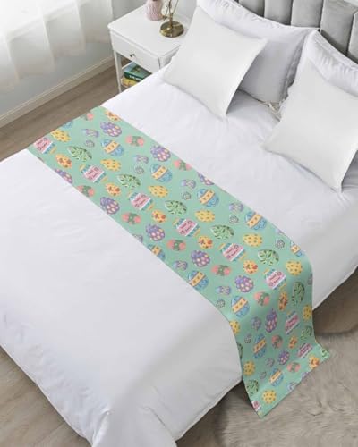 Happy Easter Eggs Bed Runners for Bedroom Hotel,Decorative Bedding Scarf Seamless Colorful Egg on Green Bed End Blanket Bedding Runner Scarves for Full Size Beds,83x20in - Image 2