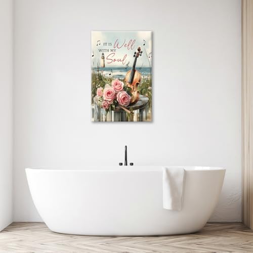 Violin Pictures Wall Art, Music Rustic Country Inspirational Bathroom Wall Decor, Coastal lighthouse Framed Painting Rose Aesthetics Canvas Artwork for Bedroom Living Room Decorations 24" L x 16" W - Image 6