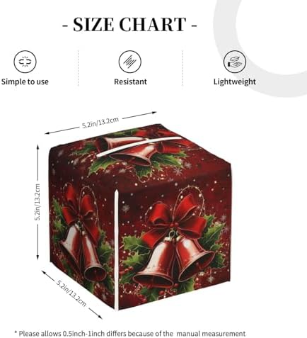 Christmas Holly Red Bell Tissue Box Cover Square Leather Tissue Case Holder Facial Paper Organizer Decorative for Tabletop Night Stands Desk Bathroom Kitchen Car Office Home Decor - Image 4