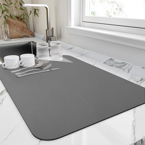 HotLive Dish Drying Mat for Kitchen Counter, Heat Resistant Drainer Mats with Non-slip Rubber Backed, Hide Stain Kitchen Super Absorbent Draining Mat, Easy to Clean Dish Rack Pad, Dark Grey 16"x18" by HotLive