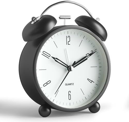 Twin Bell Loud Alarm Analog Alarm Clock, 4 inch Super Silent Non Ticking Small Clock with Night Light, Battery Operated, Simple Design, Old Fashioned, for Heavy Sleeper, Bedroom, Bedside, Desk, Black by JALL