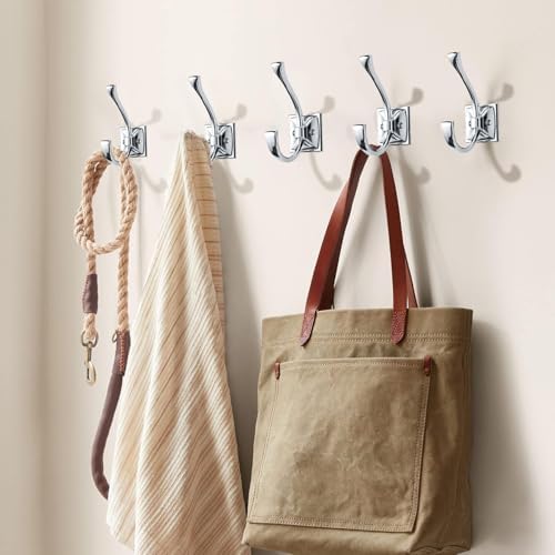 Large Wall Hooks - 2 Pack Polished Chrome Coat Hooks for Hanging Coats, Towels, Robes - 4.35 Inch Double Wall Mounted with Screws for Keys, Bags, Cups, Hats - Image 4