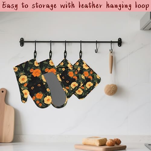Black Cat Flowers Heat-Resistant Silicone Oven Mitts and Pot Holder 4 Piece Set,Non-Slip Kitchen Oven Gloves for Baking, BBQ, Cooking,Grilling - Image 5