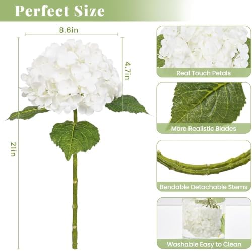 6Pcs 21in Hydrangea Artificial Flowers, Latex Real Touch Hydrangeas (White) - Image 4