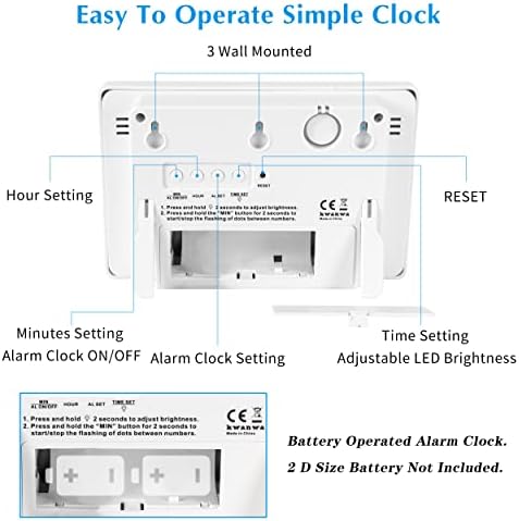 KWANWA Large Digital Alarm Clock, 3" LED Display Battery Operated, Dimmable Auto Night Mode, Easy to Read for Seniors Visually Impaired, Cordless Wall Clock or Table Clock for Bedroom Kitchen Office - Image 4