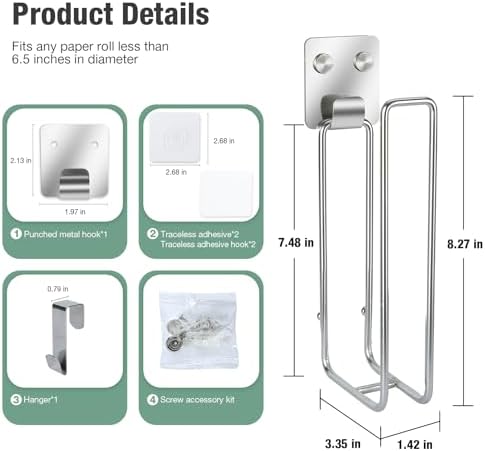 Tokokimo Toilet Paper Storage, Wall Mount Toilet Paper Holder Self Adhesive for 2 Roll Tissue, Over The Tank Toilet Paper Holder Stainless Steel for Bathroom Storage (Silver 1Pcs) - Image 6
