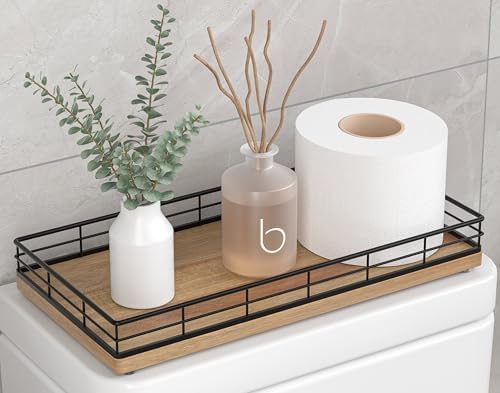 Toilet Paper Basket Organizer, Acacia Wood Toilet Tank Tray, Metal Frame by Focusonit