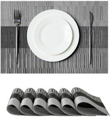 Leetaltree Grey with White Striped Placemats Set of 6 - Heat Resistant Non-Slip Place mats for Dining Table, Washable Durable PVC Vinyl Woven Table Mats（Grey Stripe, 6） by Leetaltree-ArtatEveryTable