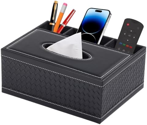 Tissue Box Cover Rectangle Black Tissue Box Holder PU Leather Facial Tissue Organizer,Multifunctional Remote Control Stationery Storage Box,Home Office Supplies Car Napkin Caddy by XNONE