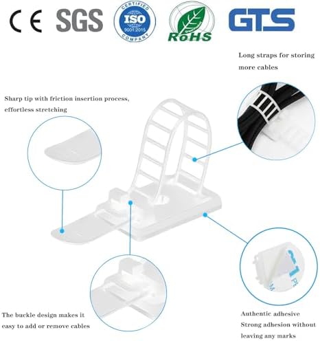 Cable Ties Cable Clips Wire Management Cord Clips Under,Desk Cable Management Reusable Zip Ties Wire Organizer Under Desk 100 packs (White) - Image 3