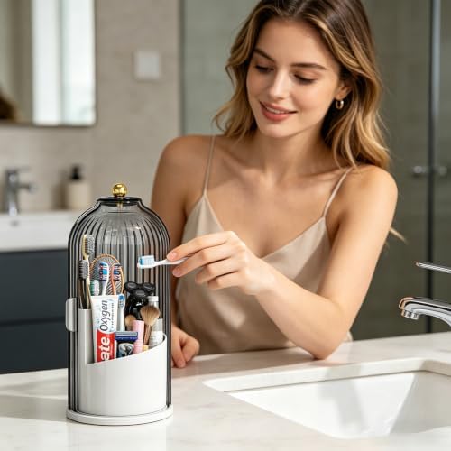 Dustproof Toothbrush Holder with Lid, 360 Rotating Countertop Electric Toothbrush Toothpaste Holders with Cover for Bathroom, 3 Slots Makeup Brush Holder with Lid for Vanity, Clear Grey - Image 2