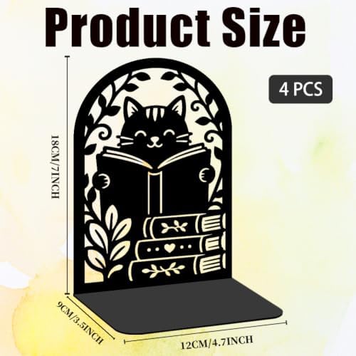 2 Pairs Reading Cat Metal Bookends, Heavy Duty Black Book Support, Creative Books Organiser Stopper for Shelves Bookshelf Office Home Decor, Cat Lovers & Bookworms Gift - Image 2