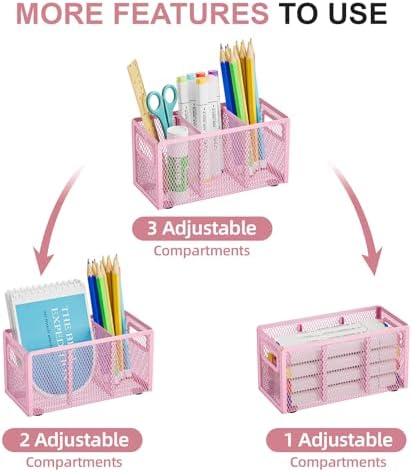 Marbrasse Mesh Pen Holder for Desk, Pencil Holder Desk Organizer 3 Adjustable Compartments, Pencil Cup with Handle Perfect for Classroom, Office, Home, Makeup, Art (Pink) - Image 3