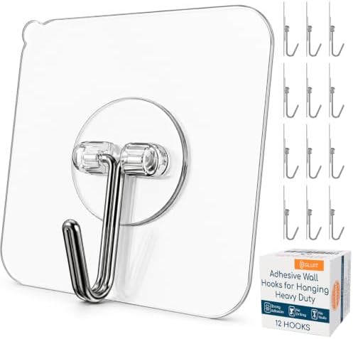 GLUIT Adhesive Wall Hooks for Hanging Heavy Duty No Drill, 22 lbs, 12 pcs by GLUIT