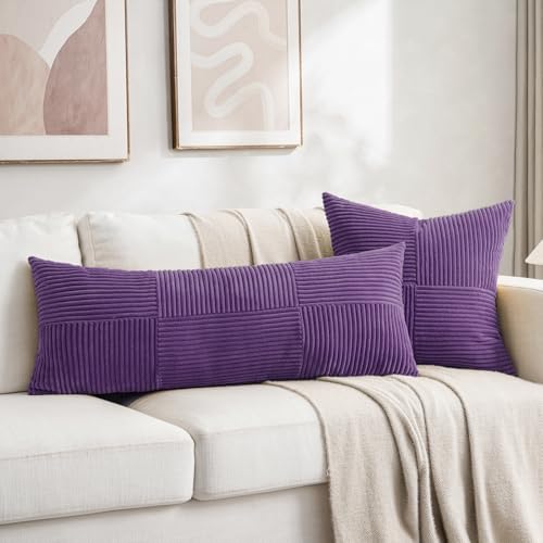 Fancy Homi Set of 2, Purple Patchwork Corduroy Decorative Soft Striped Modern Accent Cushion Case Farmhouse Boho Neutral Throw Pillow Covers for Chair Couch Bed Sofa Living Room 36x14 Inch - Image 5
